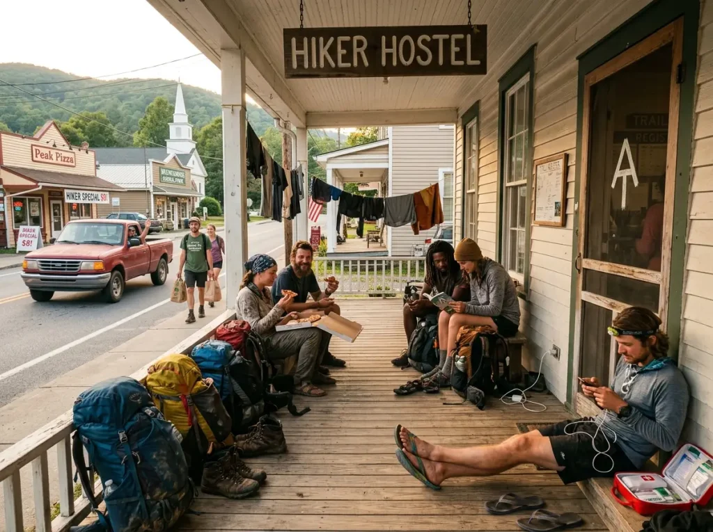 Crowded trail town with multiple thru-hikers during bubble season