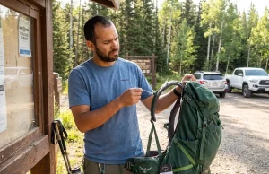 I Filed 11 Gear Warranty Claims. Here’s What Works Hiker examining a broken backpack strap with warranty tag visible