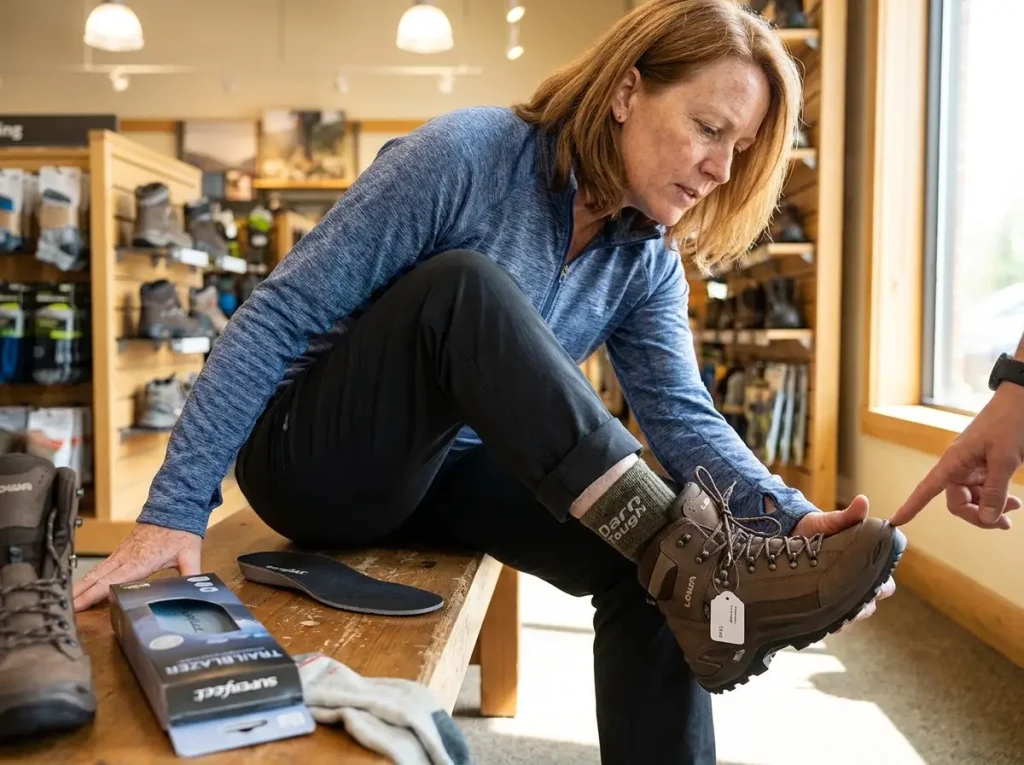 Hiker testing boot fit with orthotic insole checking toe room
