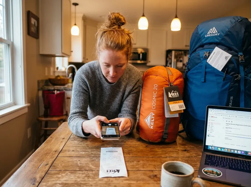 Hiker photographing new gear receipt with phone for warranty records