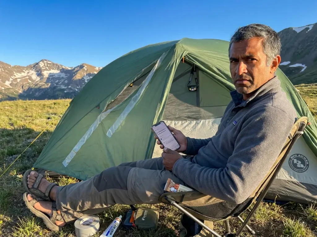 Hiker reading warranty denial email on phone with damaged tent in background