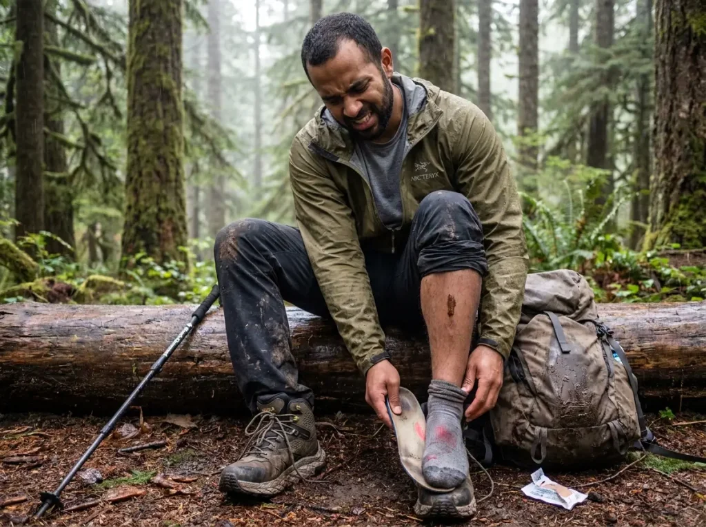 Frustrated hiker removing orthotic insole from hiking boot on trail