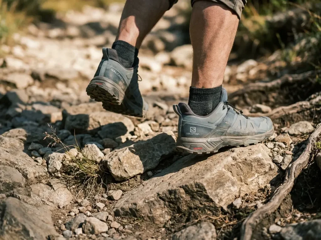 Hiker stepping on uneven rocky terrain in low cut trail runners demonstrating ankle flexibility