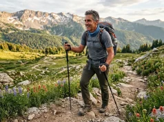 After 50 Your Hiking Endurance Drops — Here’s the Fix Fit hiker in their 50s ascending a mountain trail with trekking poles at golden hour