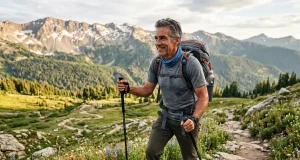 After 50 Your Hiking Endurance Drops — Here’s the Fix Fit hiker in their 50s ascending a mountain trail with trekking poles at golden hour