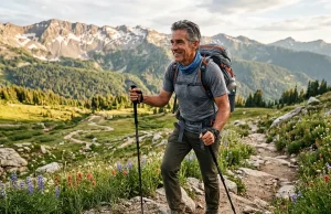 After 50 Your Hiking Endurance Drops — Here’s the Fix Fit hiker in their 50s ascending a mountain trail with trekking poles at golden hour