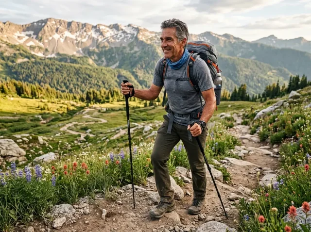 hiking-endurance-after-50-mountain-ascent Fit hiker in their 50s ascending a mountain trail with trekking poles at golden hour
