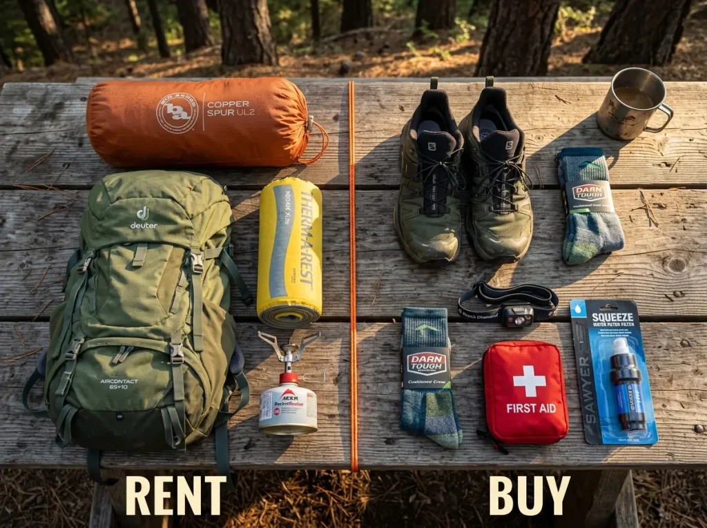 Hiking gear laid out on a picnic table sorted into rent and buy categories