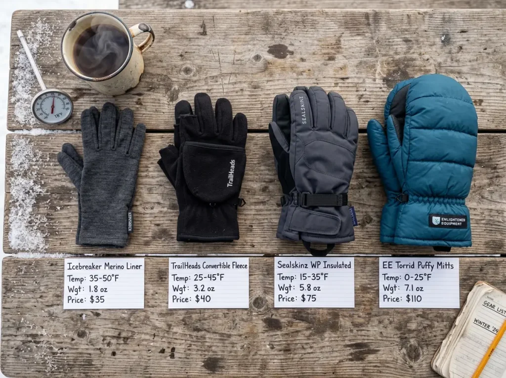 Collection of hiking gloves at different warmth levels laid flat with price tags visible