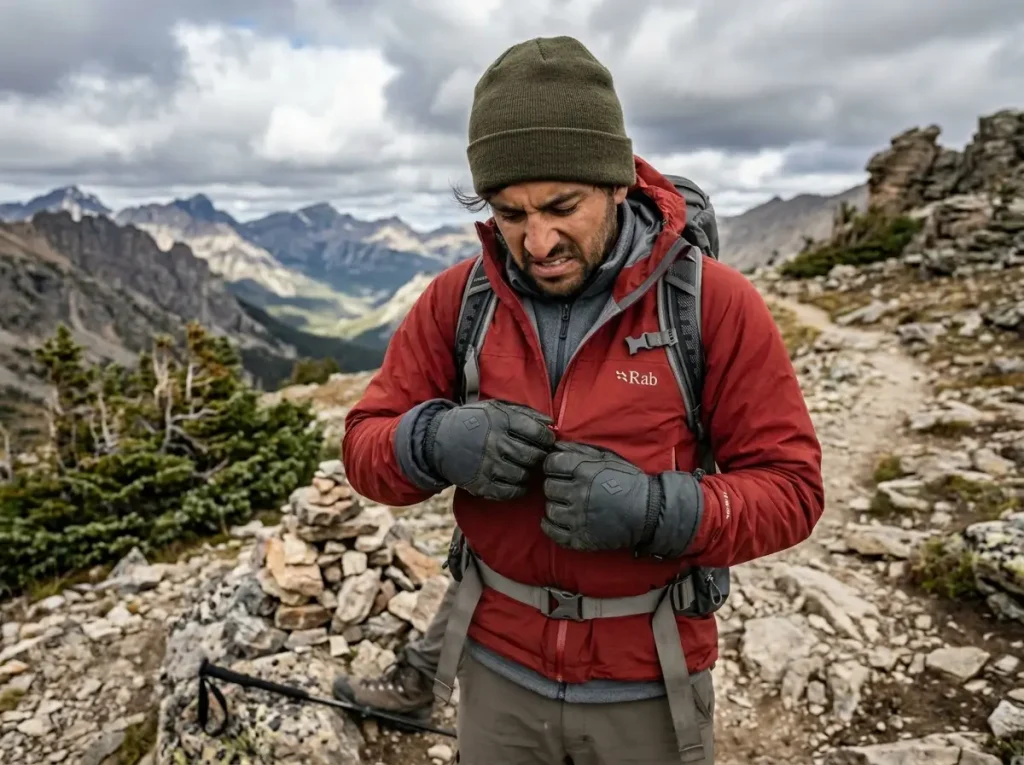 Frustrated hiker trying to zip a jacket with thick gloves on a cold trail