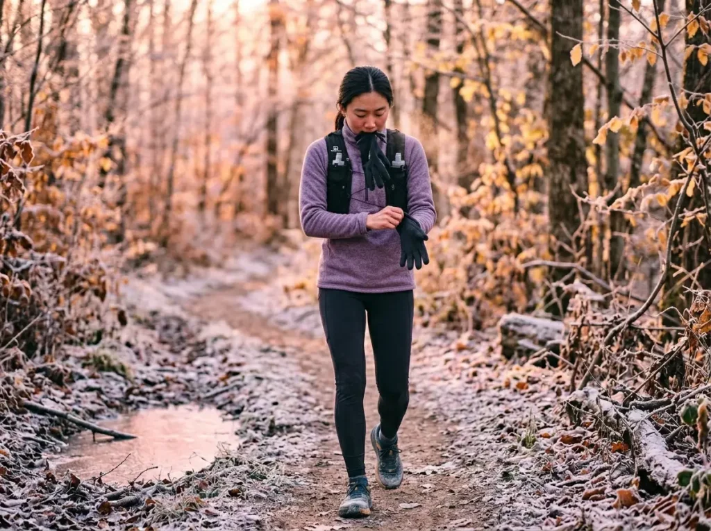 Hiker adjusting fleece liner gloves on a frosty autumn trail at dawn