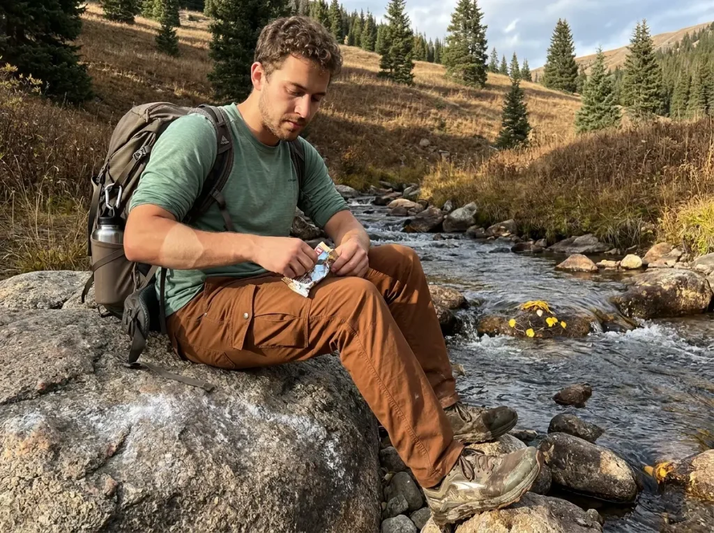 Hiker pulling a snack bar from a cargo thigh pocket while resting on a boulder