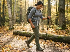 After 500 Miles I Know Which Pockets Work on Trail Hiker reaching into hiking pants thigh pocket while walking on a forest trail