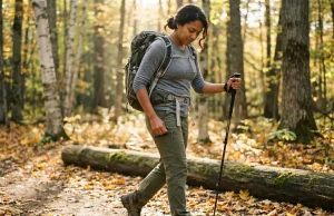 After 500 Miles I Know Which Pockets Work on Trail Hiker reaching into hiking pants thigh pocket while walking on a forest trail