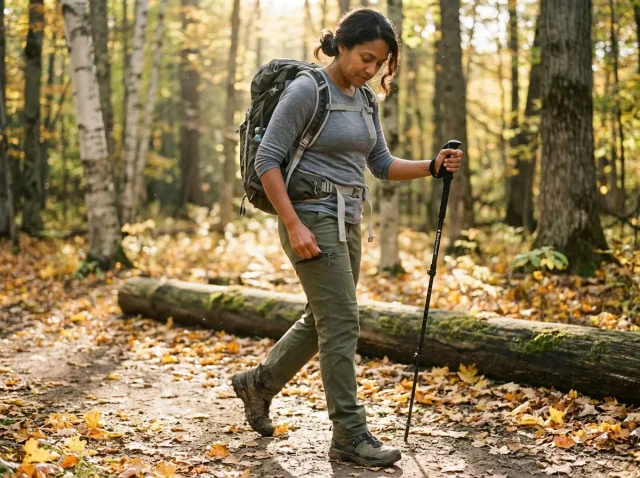 hiking-pants-pocket-layout-trail-access Hiker reaching into hiking pants thigh pocket while walking on a forest trail