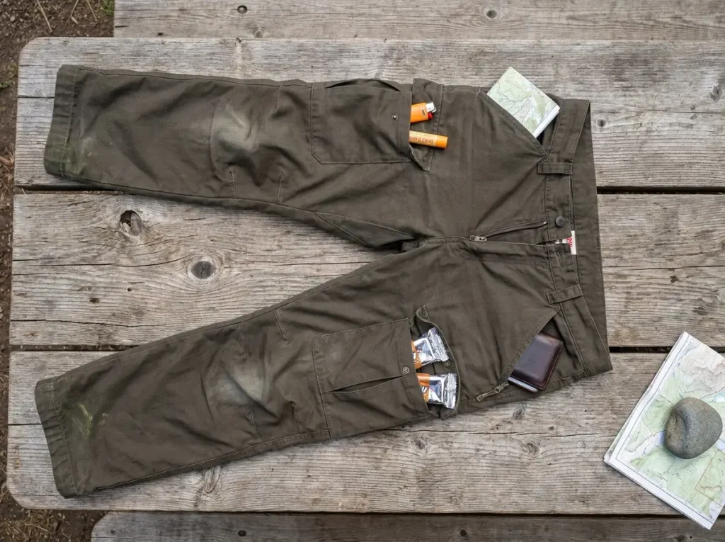 Flat lay of hiking pants showing labeled pocket positions on a wooden surface