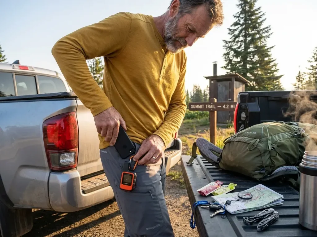 Hiker at trailhead organizing gear into different hiking pants pockets before a hike