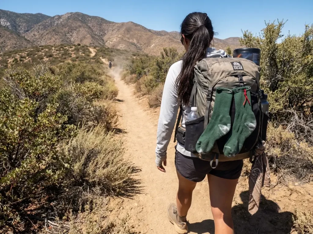 Damp hiking socks clipped to backpack straps drying while hiking