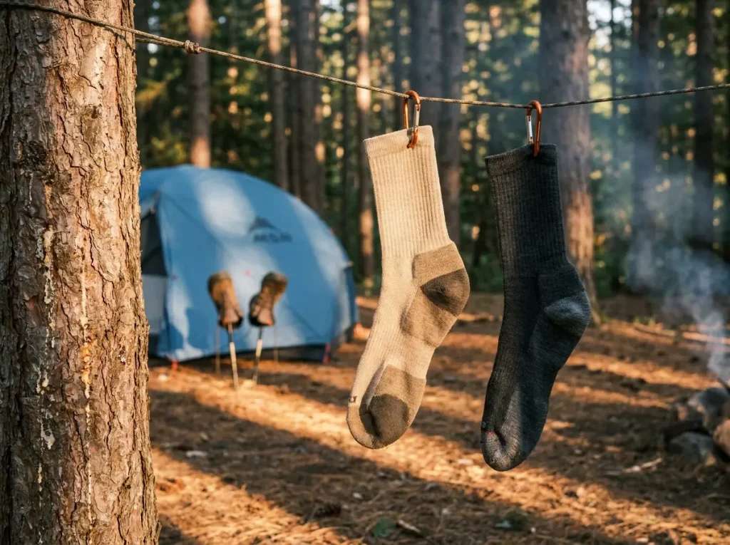 Two hiking socks hanging from a ridgeline with different drying speeds visible
