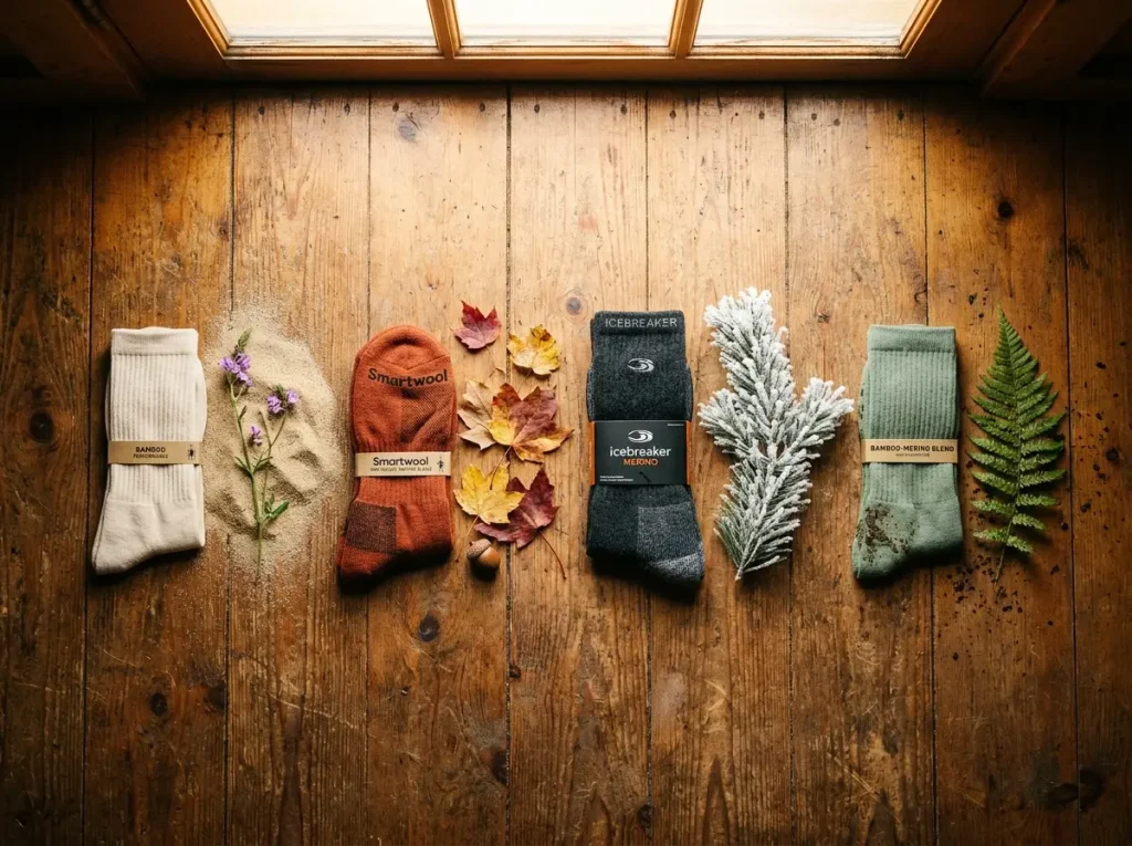 Hiking socks organized by season with trail terrain samples beside each pair