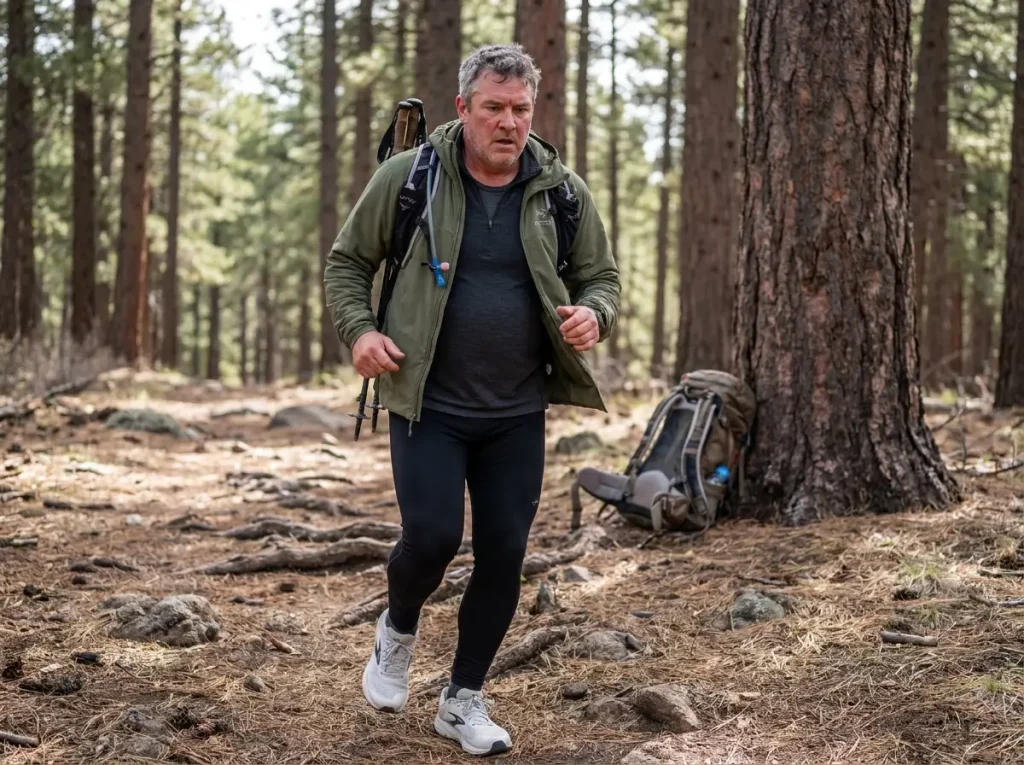 Hiker transitioning to trail running on rocky forest path showing effort