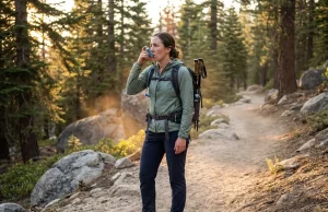 5 Hiking With Asthma Mistakes That Ruin Trips Hiker pausing on a mountain trail to use a rescue inhaler with mountain backdrop