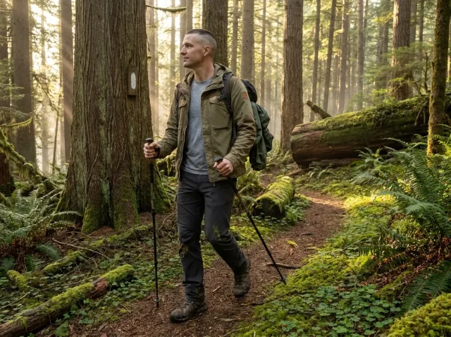 hiking-with-ptsd-veterans-outdoor-programs-hero Veteran hiking forested trail alone with sunlight filtering through trees