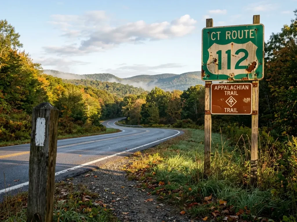 State highway road sign near trail crossing in rural mountain area