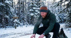 How to Choose Hiking Gloves by Temperature Range Hiker choosing between different hiking gloves spread on a snowy rock at trailhead