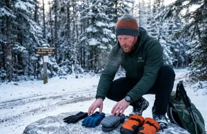How to Choose Hiking Gloves by Temperature Range Hiker choosing between different hiking gloves spread on a snowy rock at trailhead