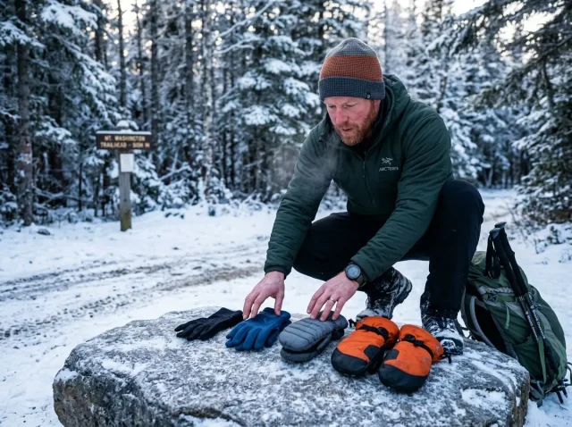 how-to-choose-hiking-gloves-by-temperature-range Hiker choosing between different hiking gloves spread on a snowy rock at trailhead