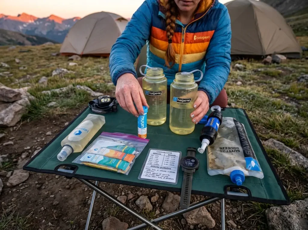 Hiker filling water bottles at camp table with hydration supplies laid out