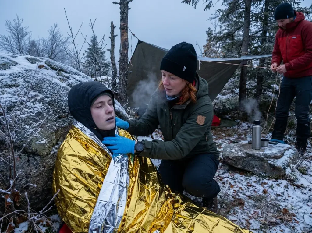 Hiker wrapped in emergency blanket being assessed for hypothermia on snowy trail