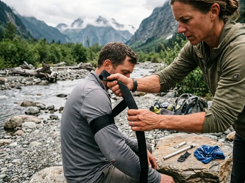 Hiker creating an improvised tourniquet from a pack strap and trekking pole section in the wilderness