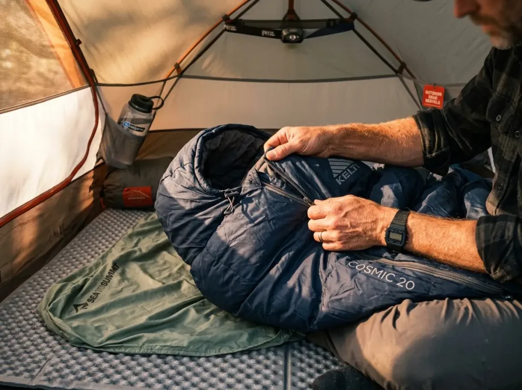 Hiker inspecting rental sleeping bag zipper before a backpacking trip