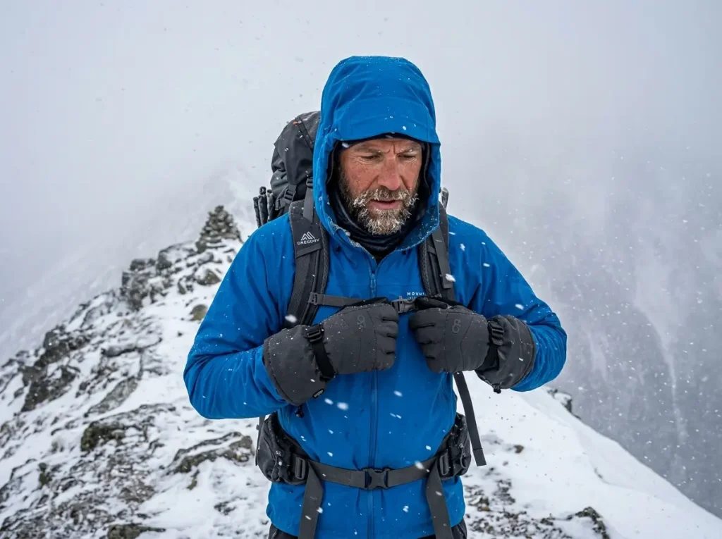 Hiker wearing insulated waterproof gloves adjusting pack straps in falling snow
