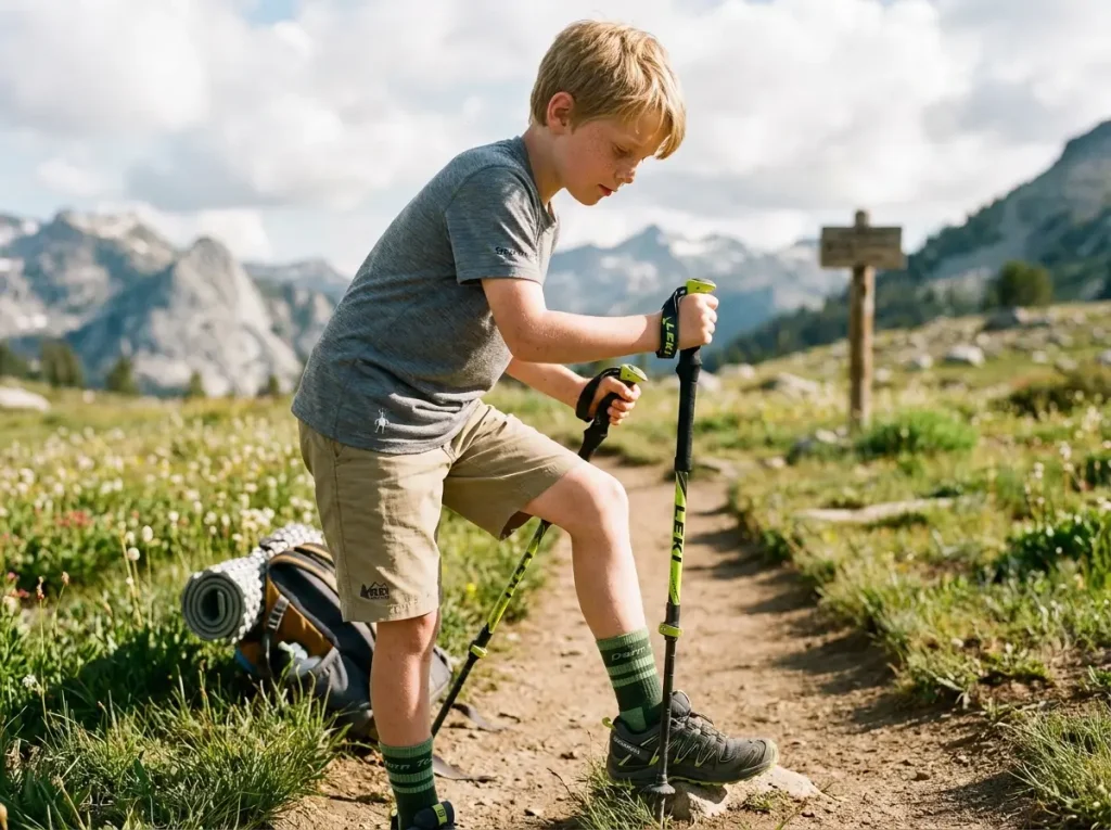 Young hiker demonstrating the 90-degree elbow test with trekking poles on trail