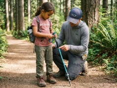 3 Trekking Pole Sizing Mistakes That Frustrate Kids Child adjusting trekking pole height on a forest trail with parent helping