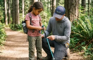 3 Trekking Pole Sizing Mistakes That Frustrate Kids Child adjusting trekking pole height on a forest trail with parent helping