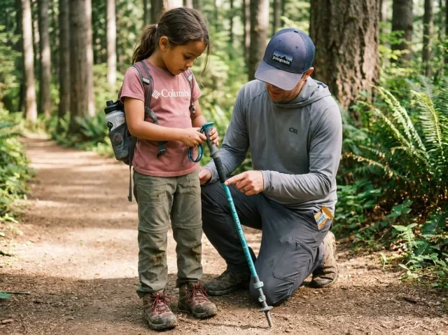 kids-trekking-pole-sizing-guide-hero Child adjusting trekking pole height on a forest trail with parent helping