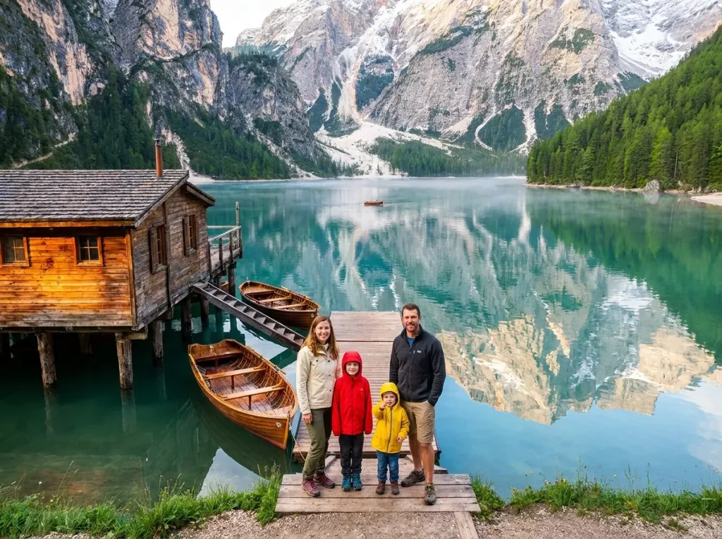 Turquoise Lago di Braies alpine lake with wooden boathouse and mountain backdrop