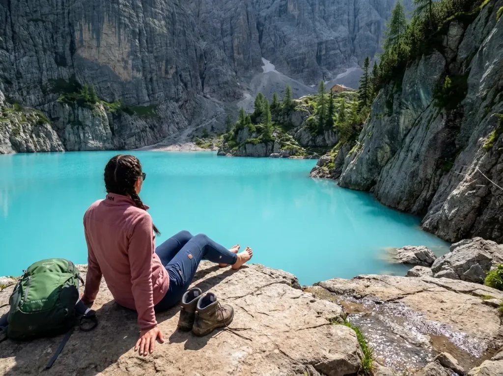Milky blue Lago di Sorapis surrounded by steep dolomite cliffs and forest