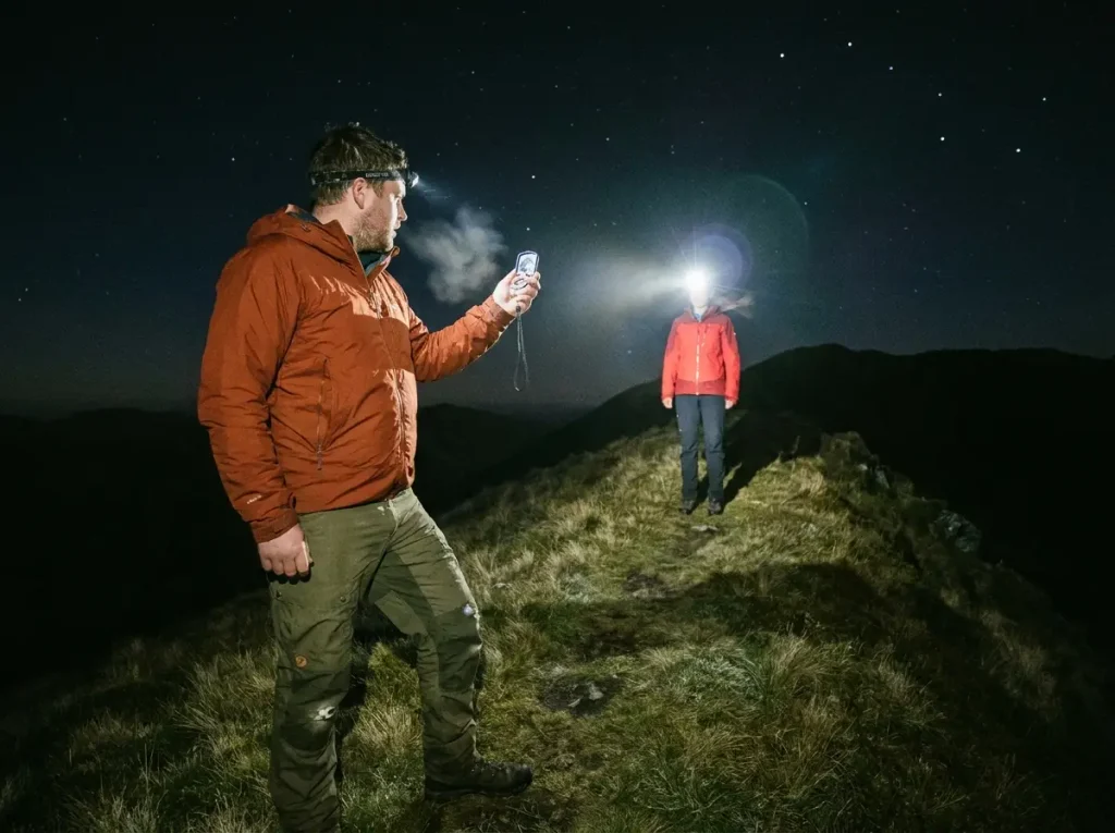 Two hikers using leapfrog navigation technique at night on open ridge