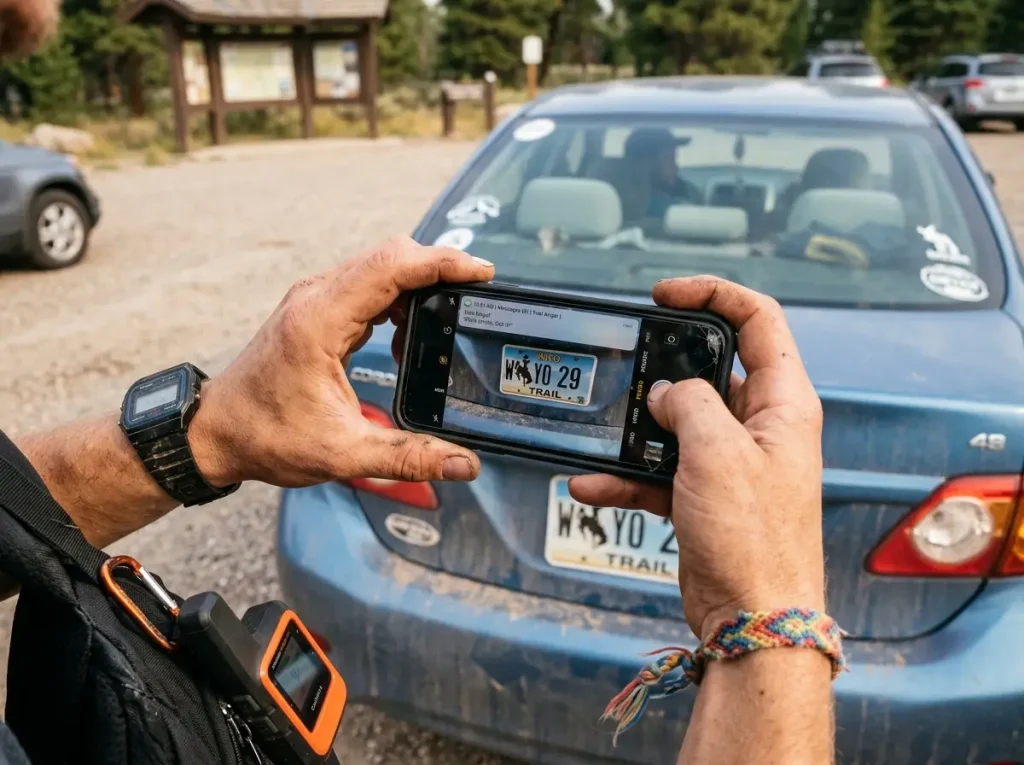 Thru-hiker photographing license plate with phone before ride