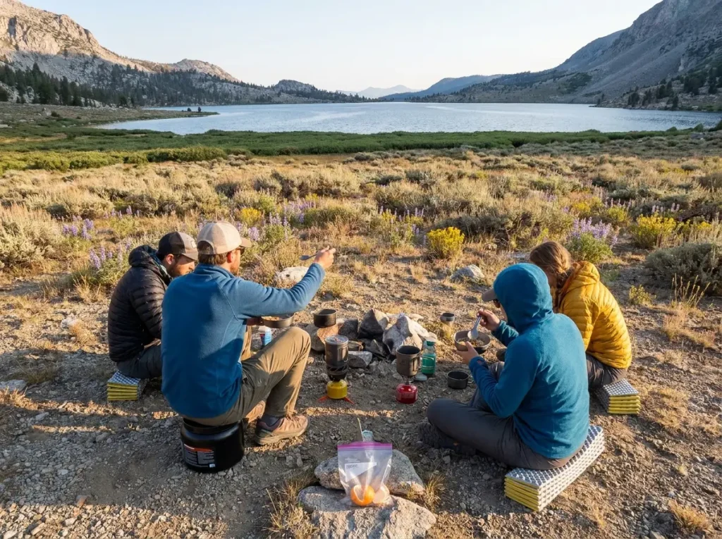 Group cooking setup positioned well away from lake shore in alpine meadow