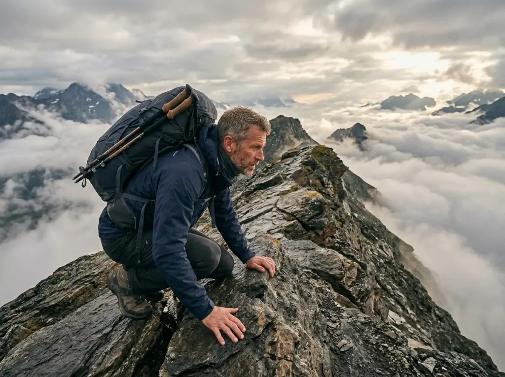 Hiker crouching low on exposed mountain ridge for stability