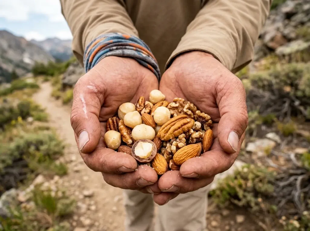 Close-up of mixed nuts including macadamias and pecans in a hiker's cupped hands