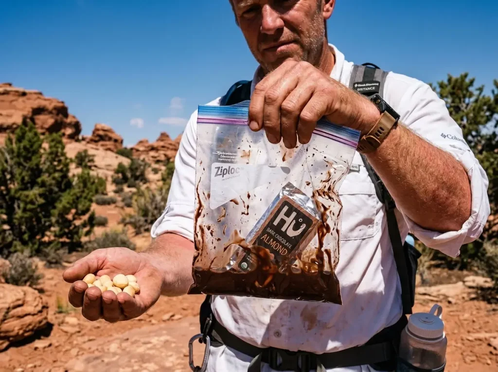 Melted chocolate bar inside a clear snack bag on a hot summer hiking day