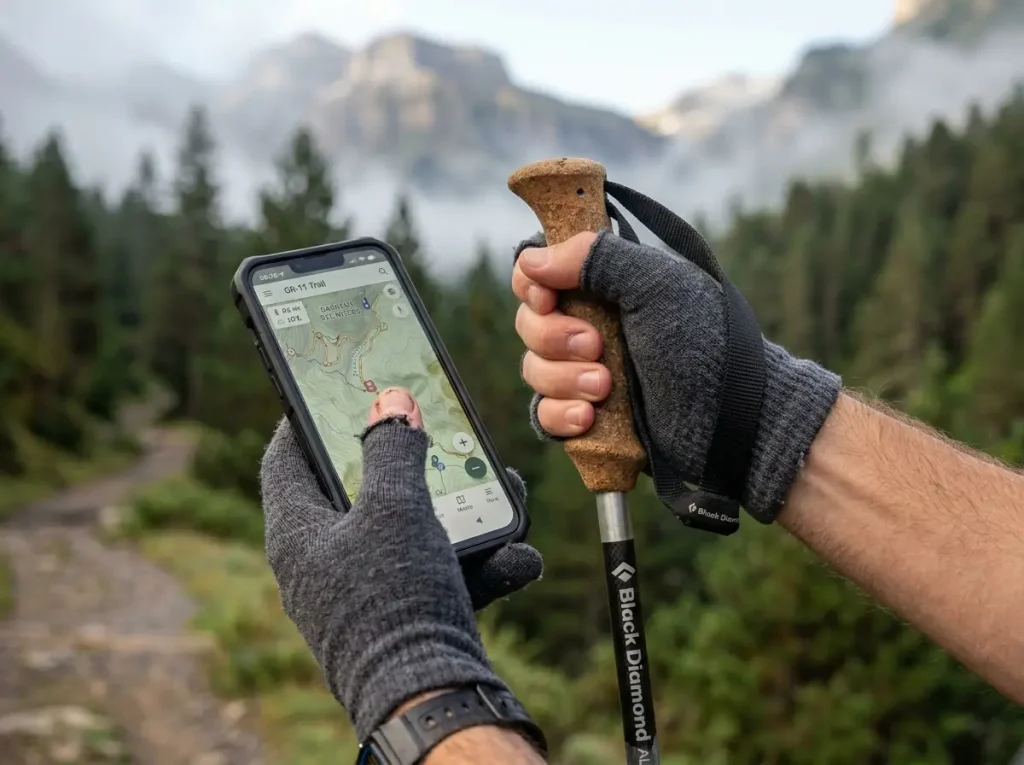 Close-up of thin merino wool liner gloves gripping a trekking pole handle