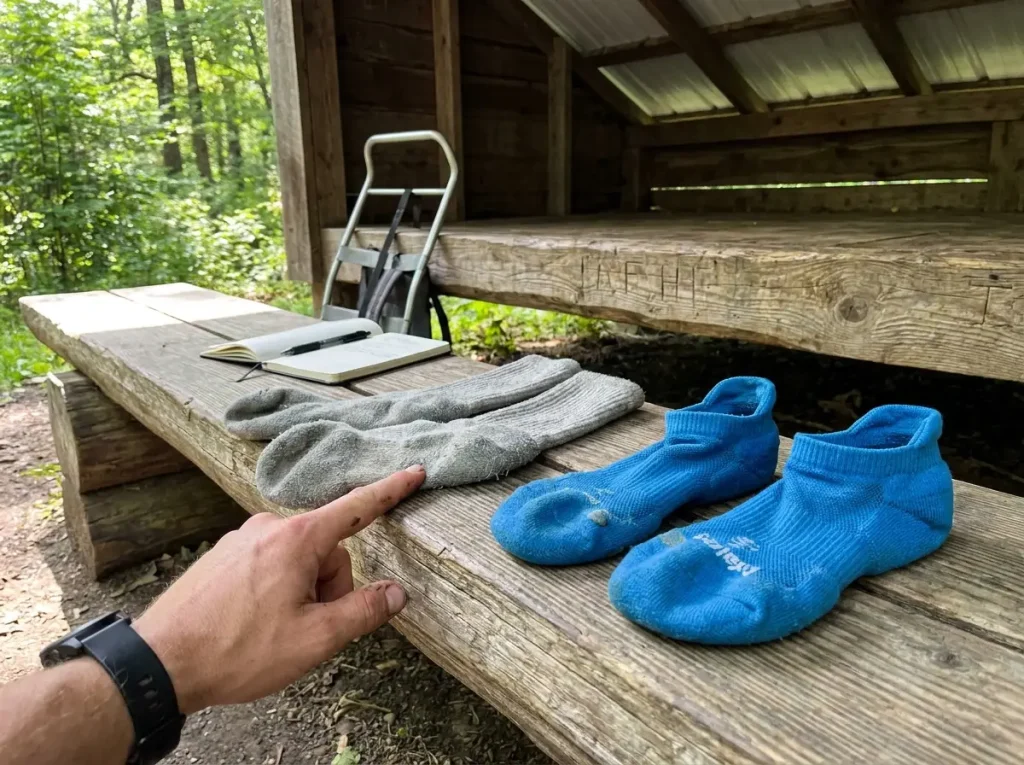 Side-by-side comparison of merino wool and synthetic hiking socks on a log